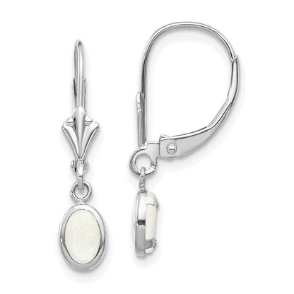 14k White Gold 6x4 Oval Bezel Opal Drop Dangle Earrings