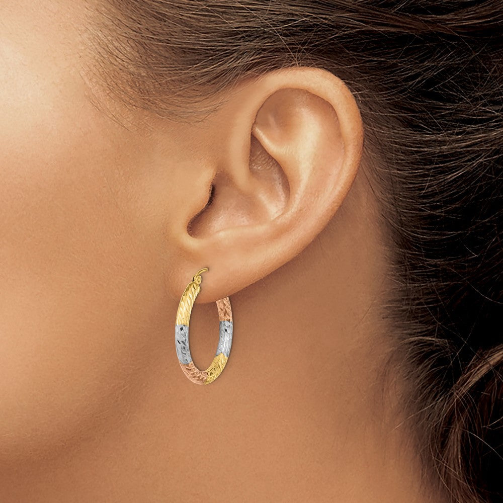 14k Yellow Gold w/White and Rose Rhodium Polished Diamond-cut Hoop Earrings