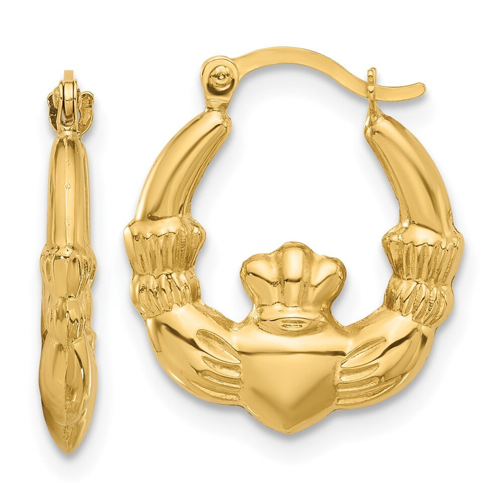 14k Yellow Gold Polished Claddagh Hoop Earrings Gift for Women