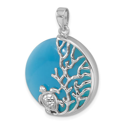 Sterling Silver Rhodium-Plated Polished Blue Agate Turtle and Reef Round Pendant