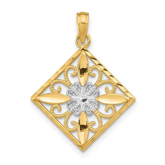 14k Yellow Gold Rhodium Flower and Cross Square Charm Pendant for Women
