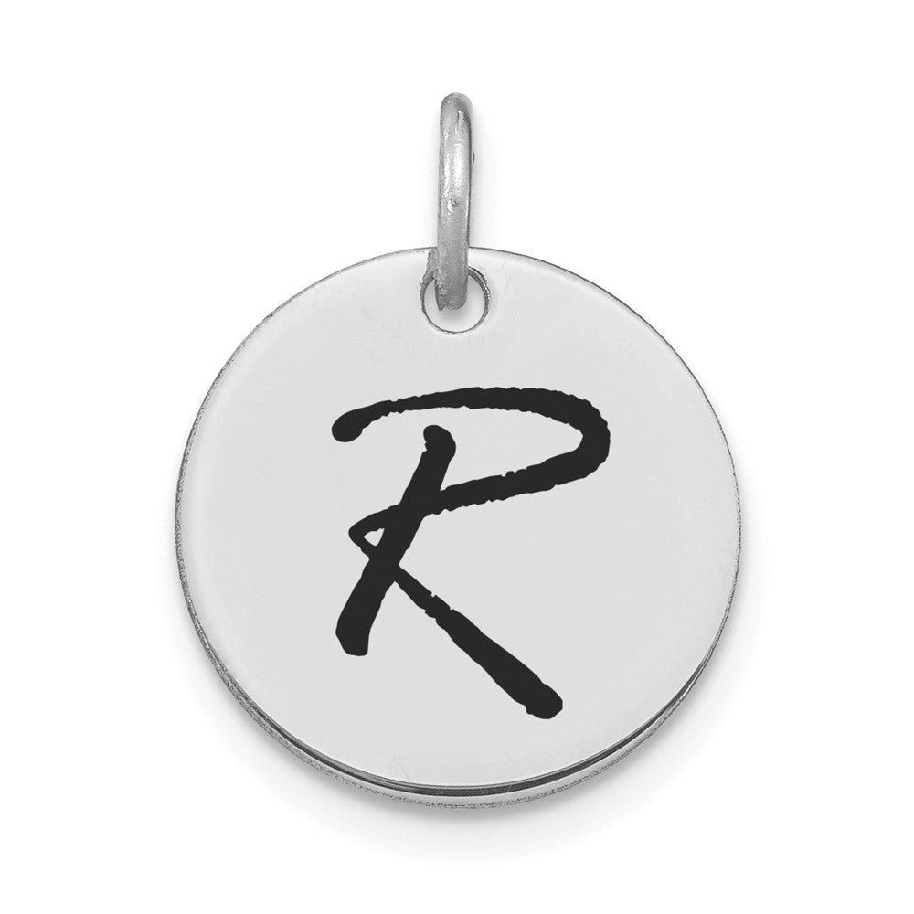 14K White Polished Black Enamel Letter R Initial Disk Charm