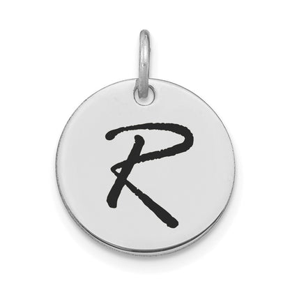 14K White Polished Black Enamel Letter R Initial Disk Charm
