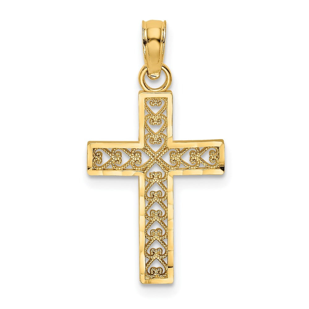 14k Yellow Gold Diamond-Cut Edge and Filigree Center Cross Charm