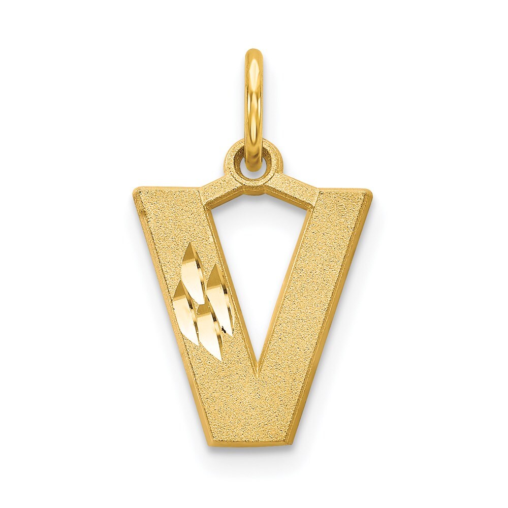 14k Yellow Gold Satin Diamond-cut Letter V Initial Charm Pendant for Women