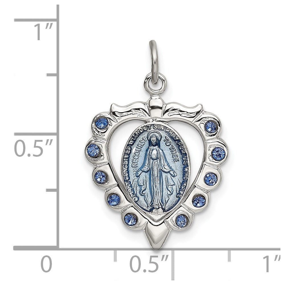 Sterling Silver Epoxy & Crystal Miraculous Medal Heart Pendant