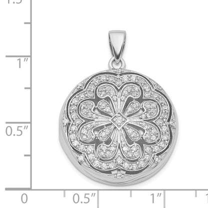 Sterling Silver Rhodium-plated Cubic Zirconia Flower Design 22mm Locket Pendant