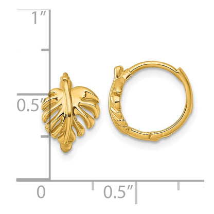 14k Yellow Gold Polished Monstera Leaf Hinged Round Hoop Earrings