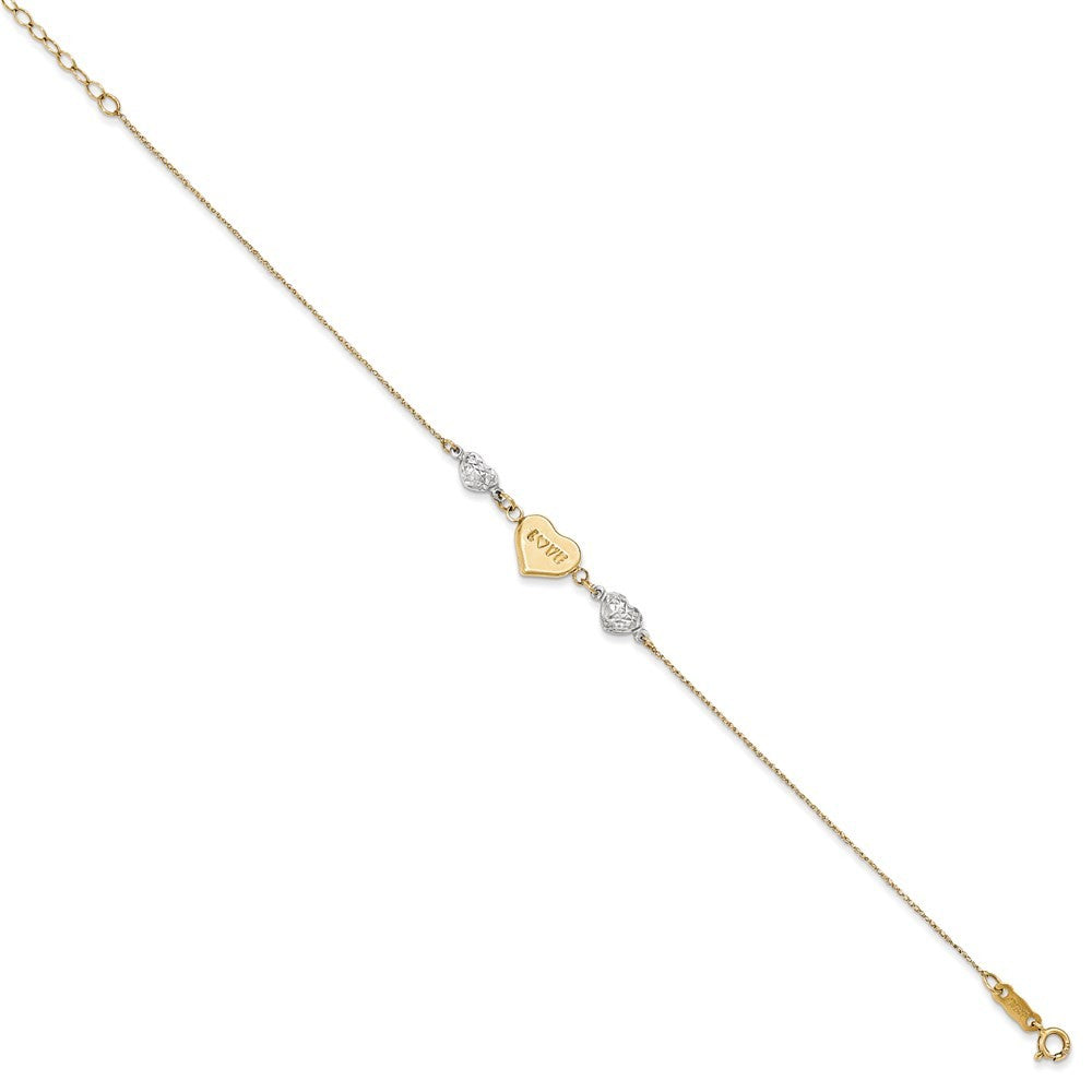 14K Two-tone Puffed LOVE Heart & Diamond-cut Bead 7" Bracelet Plus 1" Heart Ext