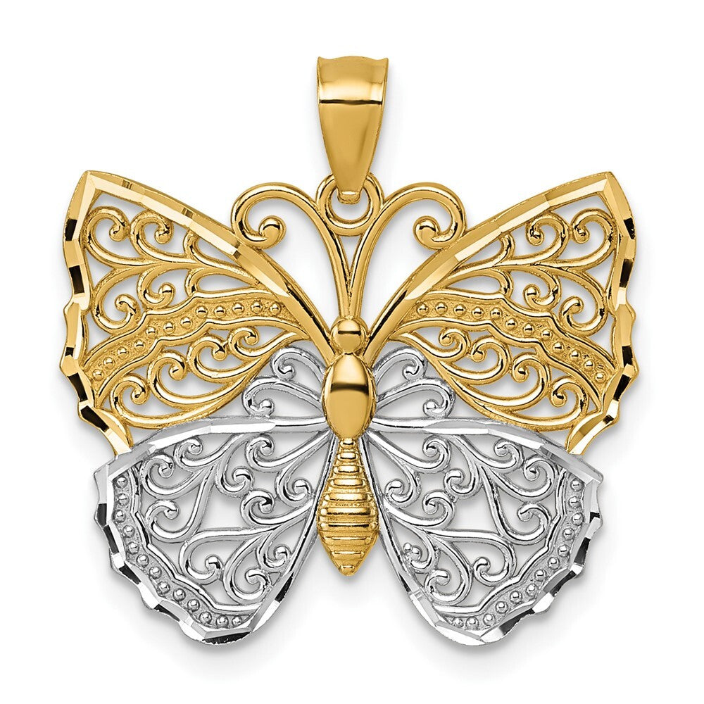14k Yellow Gold & Rhodium Textured Fancy Butterfly Pendant for Women