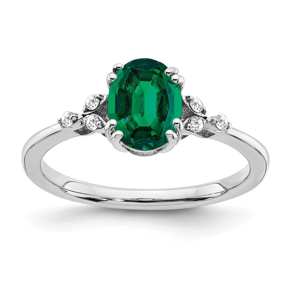 Sterling Silver Rhodium-plated Created Emerald and Diamond Ring Size 8
