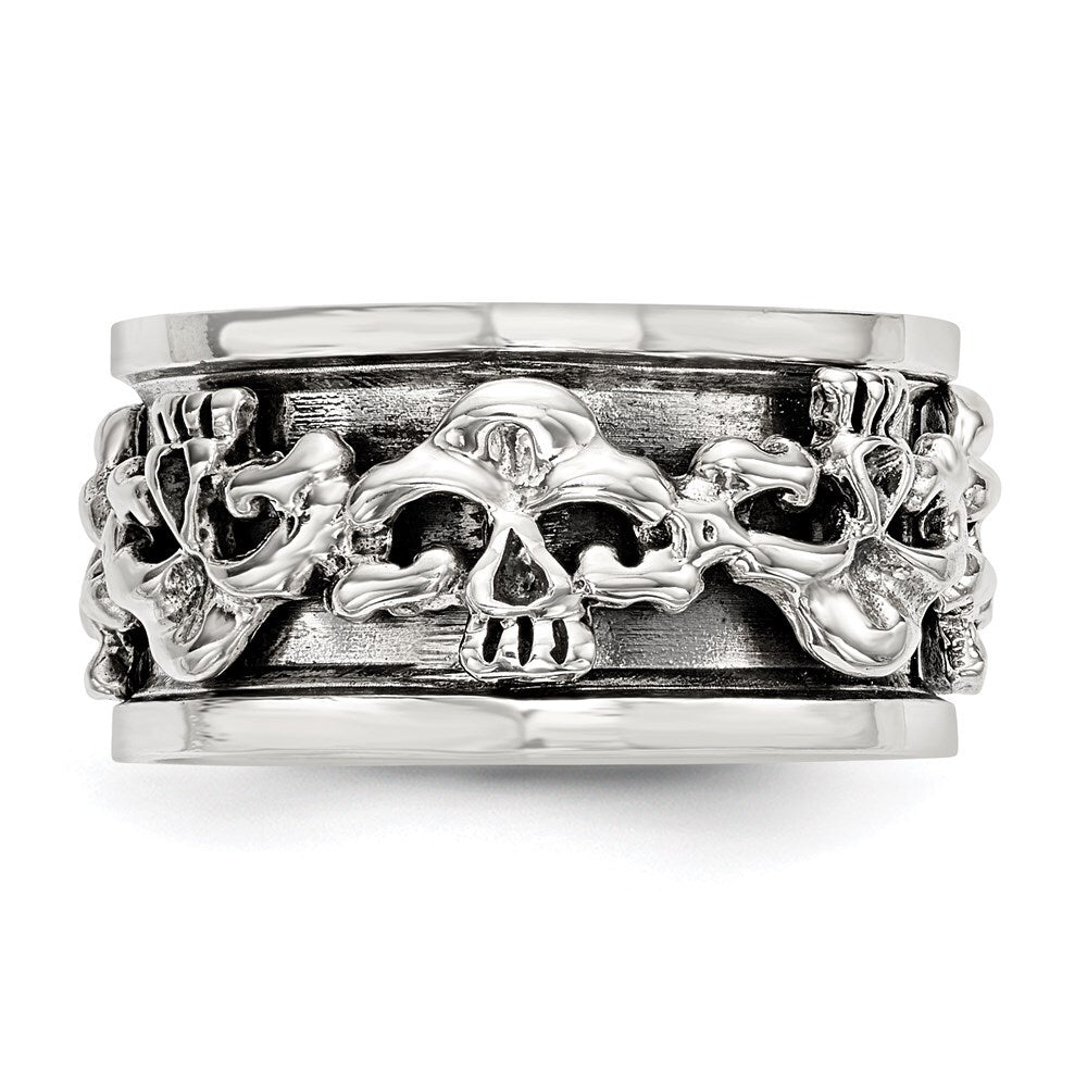 Sterling Silver Polished Spinning Center Antiqued Skull Ring Size 9
