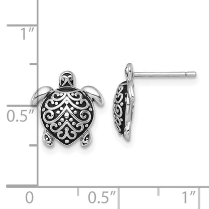 Sterling Silver Polished and Oxidized Filigree Hollow Turtle Earrings