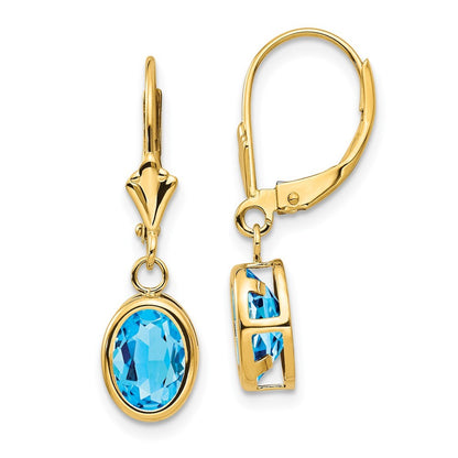 14k Yellow Gold 8x6mm Oval Blue Topaz Drop Dangle Earrings