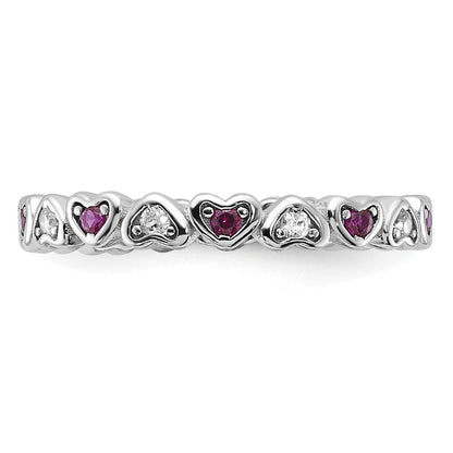 SS Rhodium-plated .14Lab Cr. Ruby and .27Cr. Wh Sapphire Heart Ring Size 6