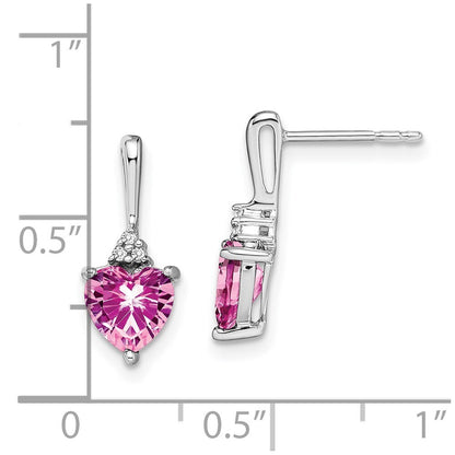 14k White Gold Created Pink Sapphire and Diamond Heart Drop & Dangle Earrings