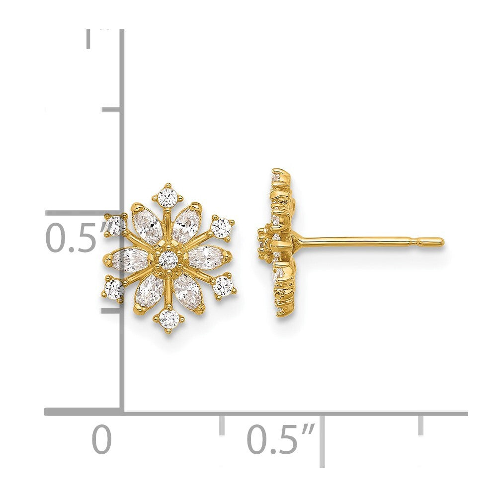 14k Yellow Gold Polished Cubic Zirconia Snowflake Stud Earrings Gift for Women