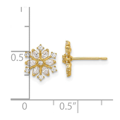 14k Yellow Gold Polished Cubic Zirconia Snowflake Stud Earrings Gift for Women