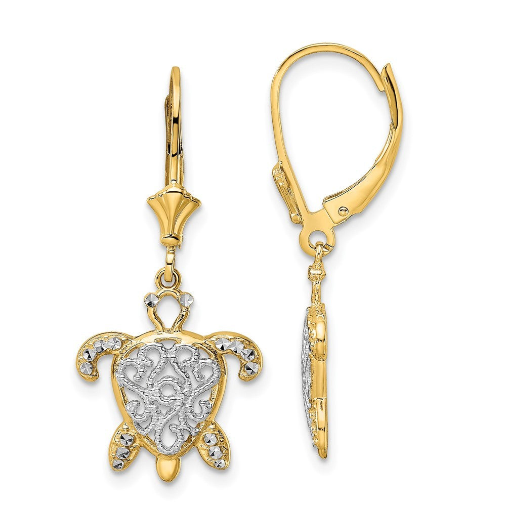 14k Yellow Gold & White Rhodium Diamond-Cut Filigree Turtle Drop Dangle Earrings