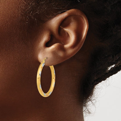 14k Yellow Gold White Rhodium Polished Satin and Diamond-cut Hoop Earrings