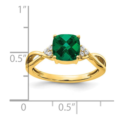 14K Yellow Gold Checkerboard Created Emerald and Diamond Ring Size 7