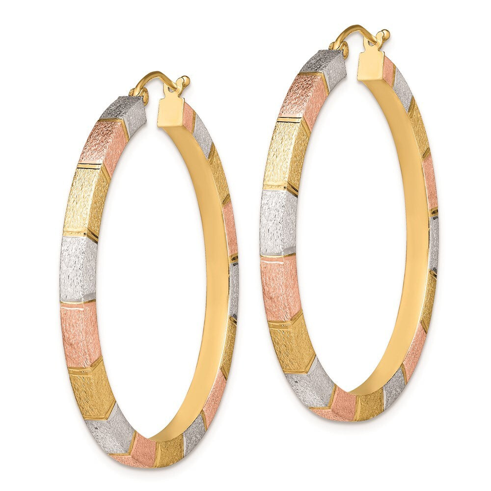 Sterling Silver Rhod-plated Rose/Yellow Vermeil Diamond-cut 3x40mm Hoop Earrings