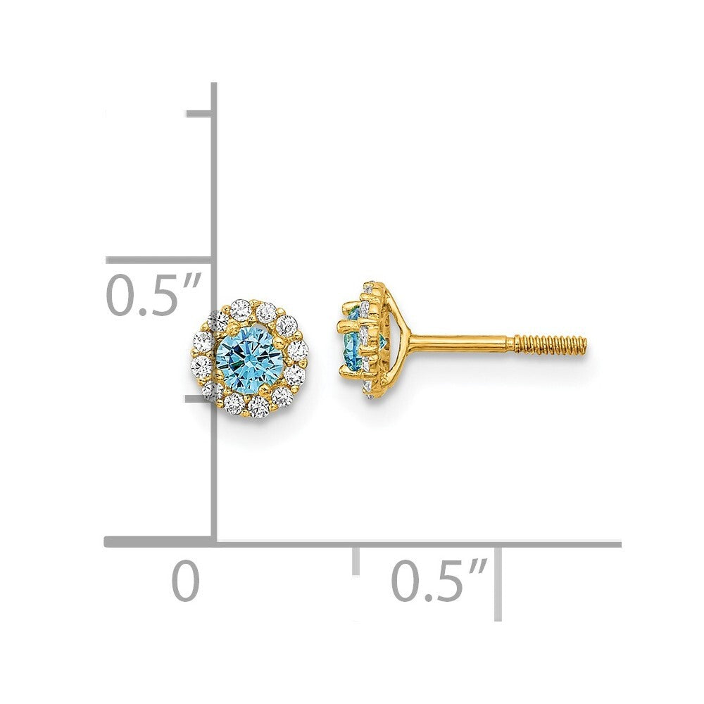 14k Yellow Gold Polished Blue and Clear Cubic Zirconia Stud Earrings