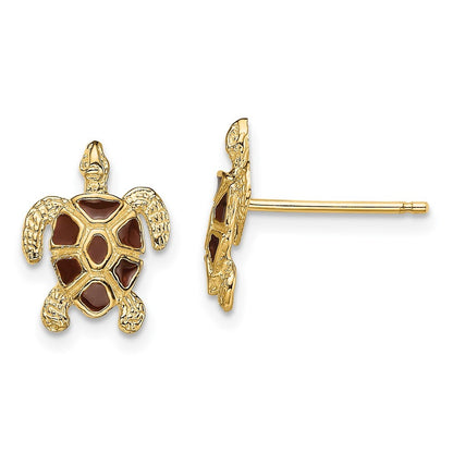 14k Yellow Gold Sea Turtle  W/Brown Enamel Shell / Textured Earrings