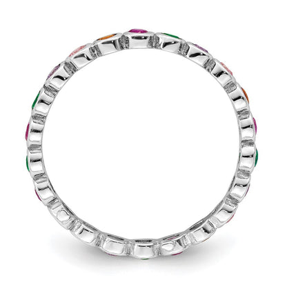 Sterling Silver Rhodium-plated Polished Multi-Color CZ Band Ring Size 8