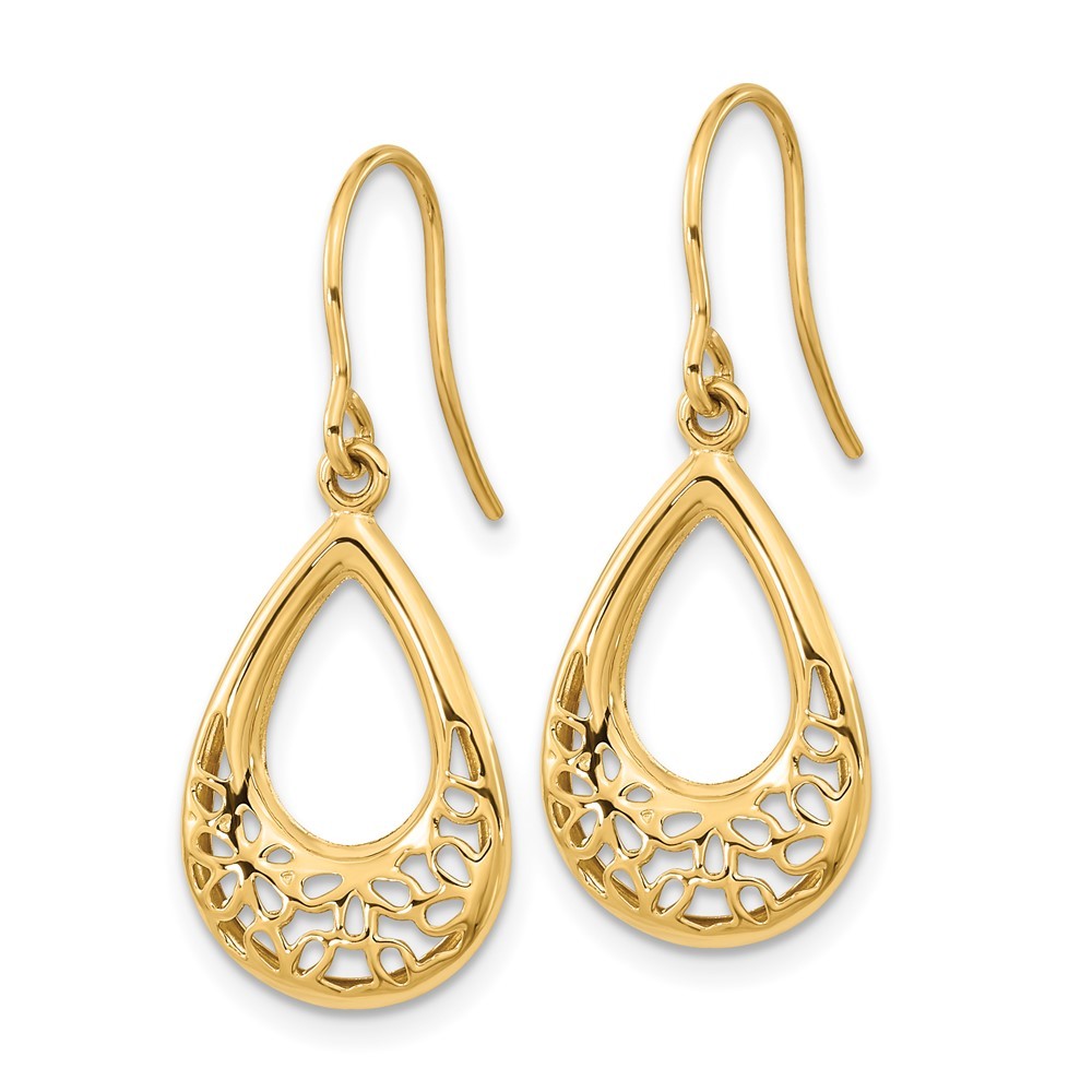 14k Yellow Gold Polished Floral Teardrop Drop Dangle Earrings w/ Shepherd Hook