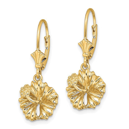 14k Yellow Gold 2-D Textured Hibiscus Flower Drop Dangle Earrings