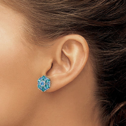 Sterling Silver Rh-pltd Blue/Green Nano Crystal and CZ Floral Earrings