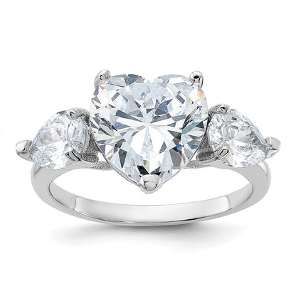 Sterling Silver Rhodium-plated Heart Shape Cubic Zirconia 3-Stone Ring Size 6