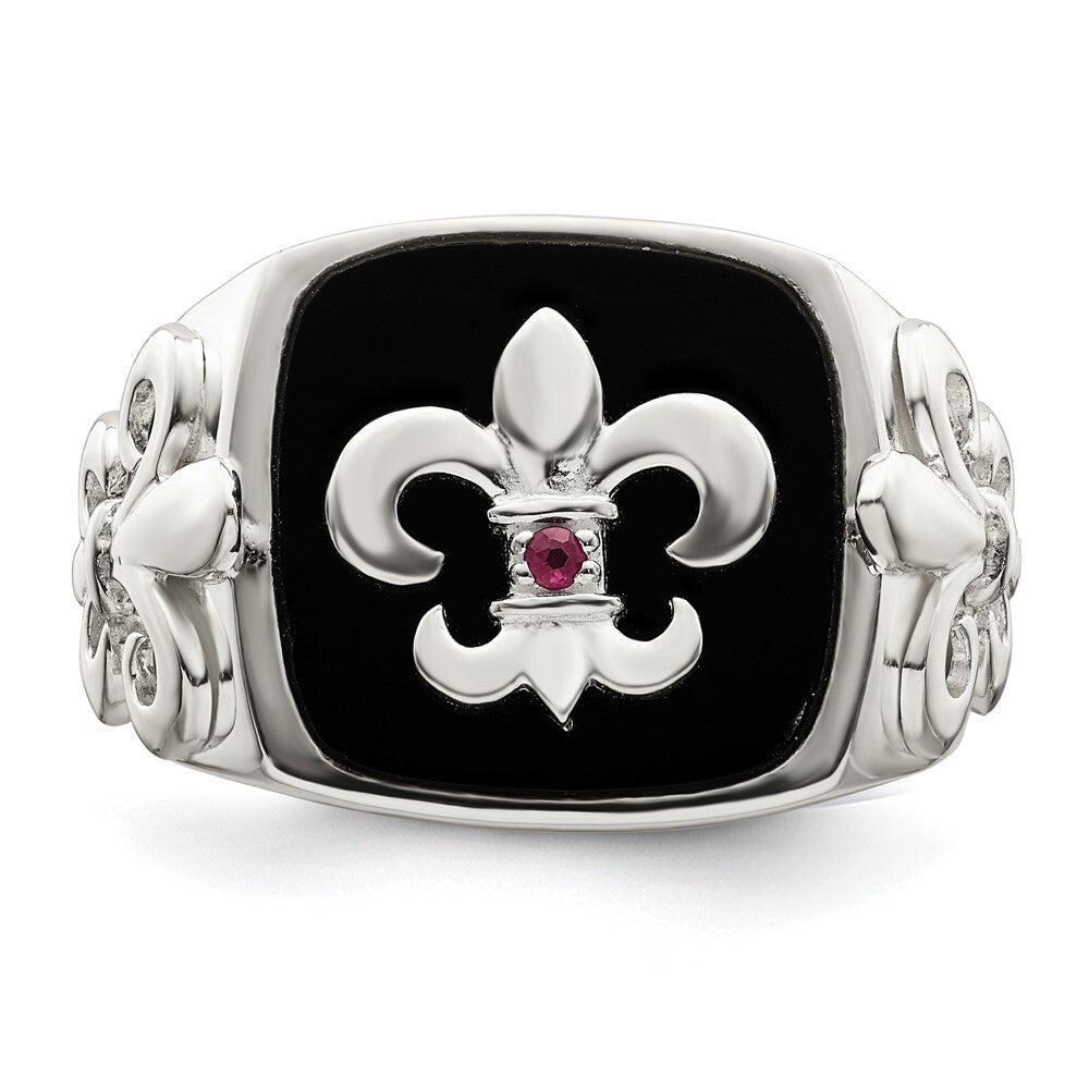 Sterling Silver .03Ruby/Black Agate Fleur de Lis Ring Size 10