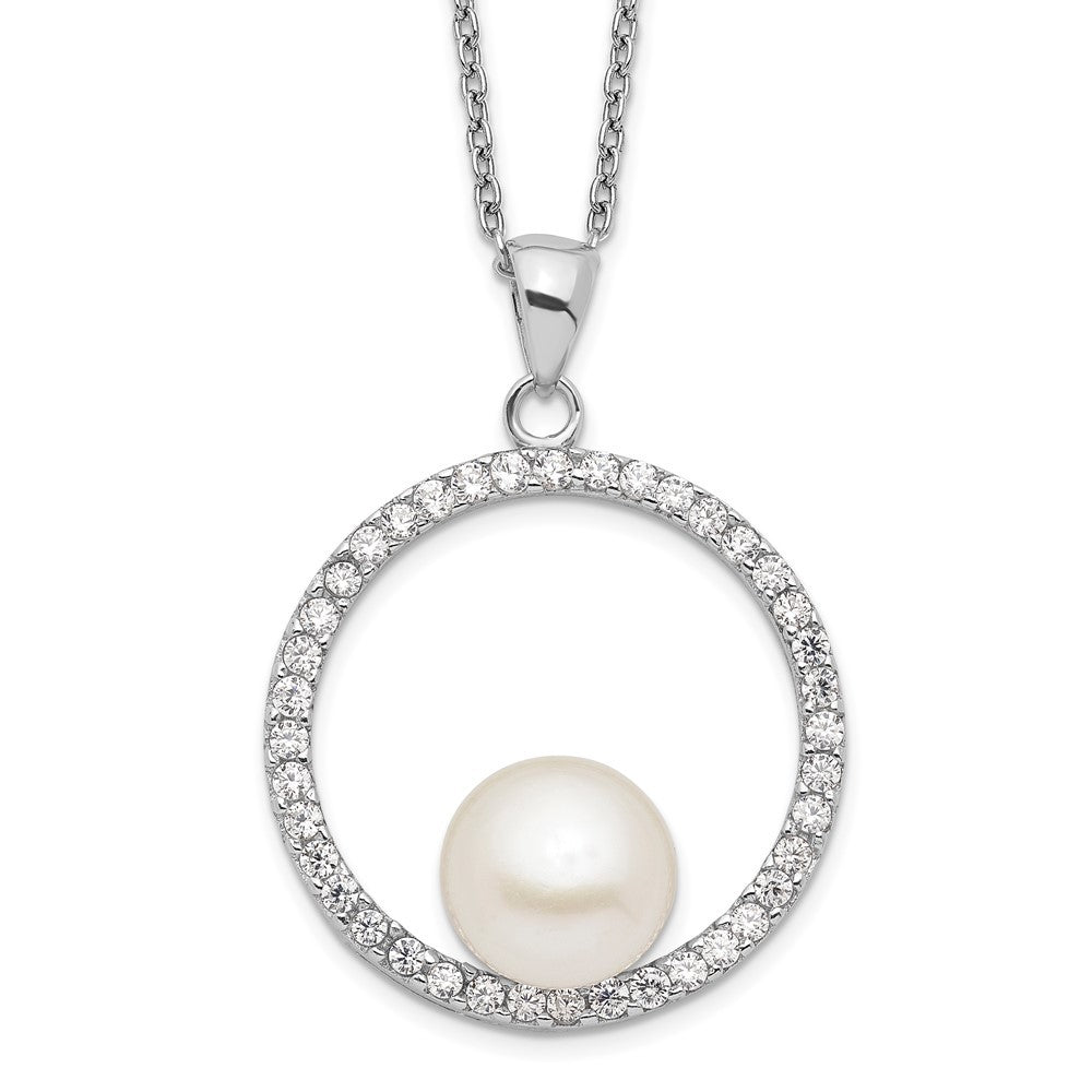 Sterling Silver 8-9mm White Button Freshwater Cultured Pearl and CZ 17" Necklace
