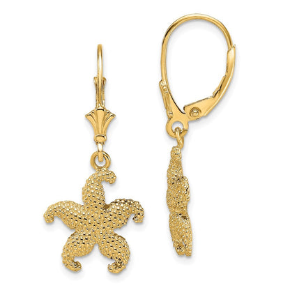 14k Yellow Gold 2-D Puffed Starfish Drop Dangle Earrings
