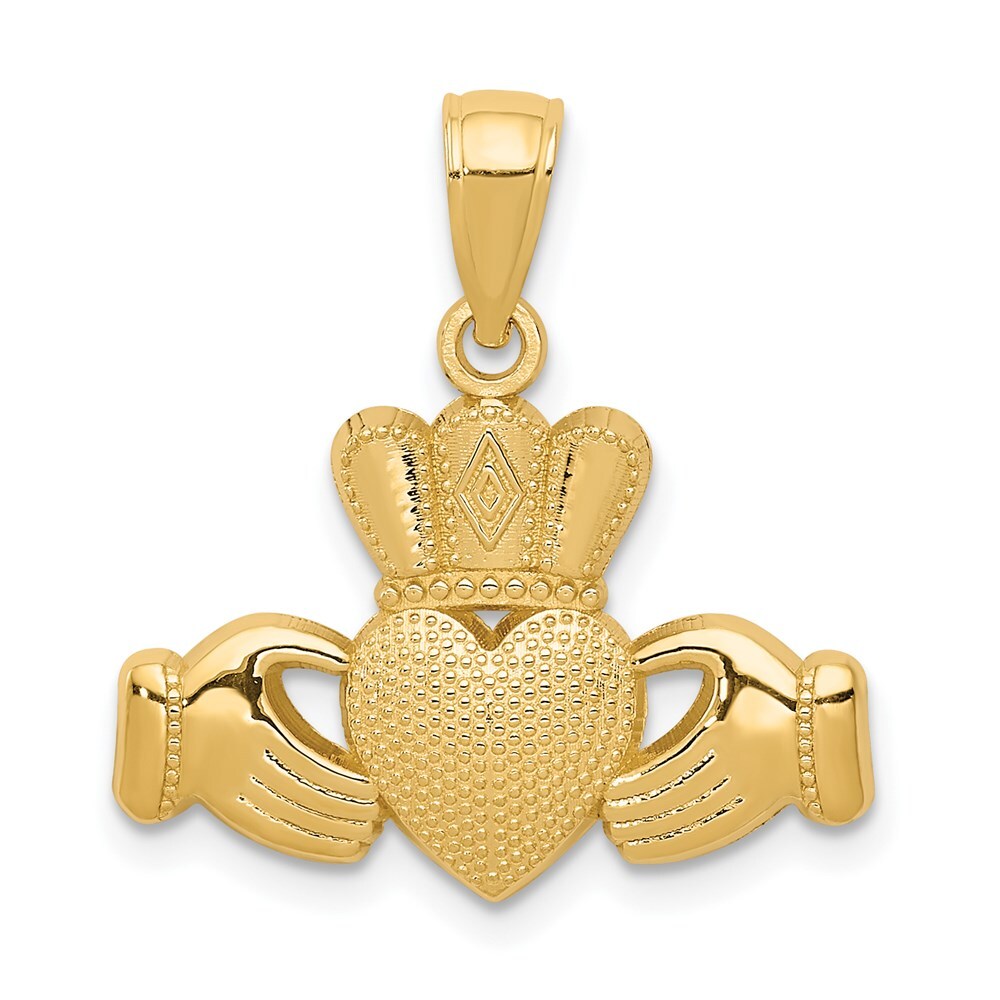 14k Yellow Gold Claddagh Pendant with Textured Crown for Women