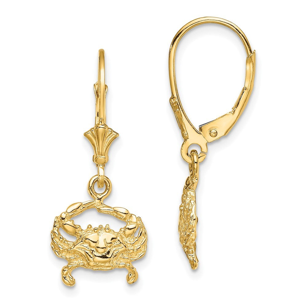 14k Yellow Gold 2-D Blue Crab Drop Dangle Earrings