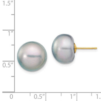 14k Yellow Gold 12-13mm Grey Button Freshwater Cultured Pearl Stud Earrings
