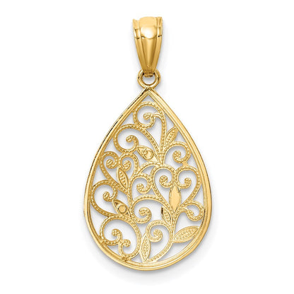 14k Yellow Gold Gold Polished and Textured Small Filigree Teardrop Pendant