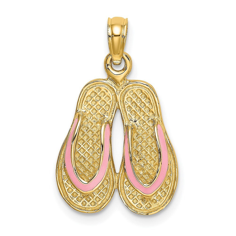 14k Yellow Gold 3D  Pink Enamel Double Flip-Flop Charm Pendant for Women