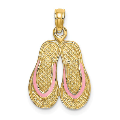 14k Yellow Gold 3D  Pink Enamel Double Flip-Flop Charm Pendant for Women
