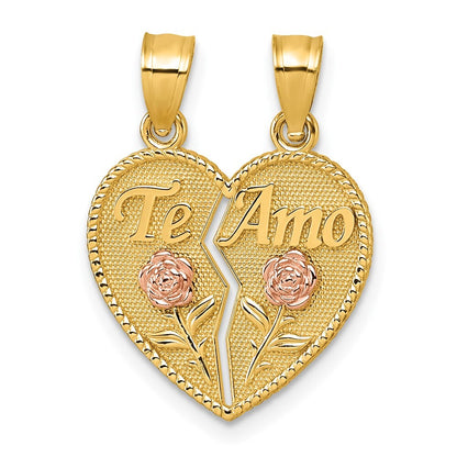 14k Two-tone Gold Break Apart Heart With Te Amo And Roses Pendant