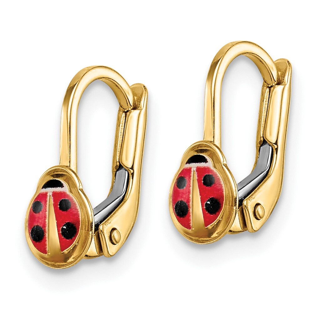 14k Yellow Gold Children's Enamel Ladybug Dangle Earrings Leverback