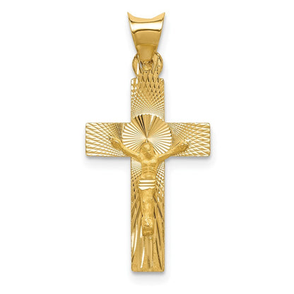 14k Yellow Gold Polished Satin and Diamond-cut Crucifix Pendant