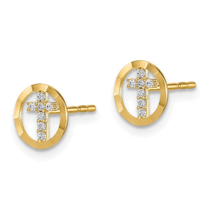 14k Yellow Gold CZ Diamond-Cut Circle Cross Earrings