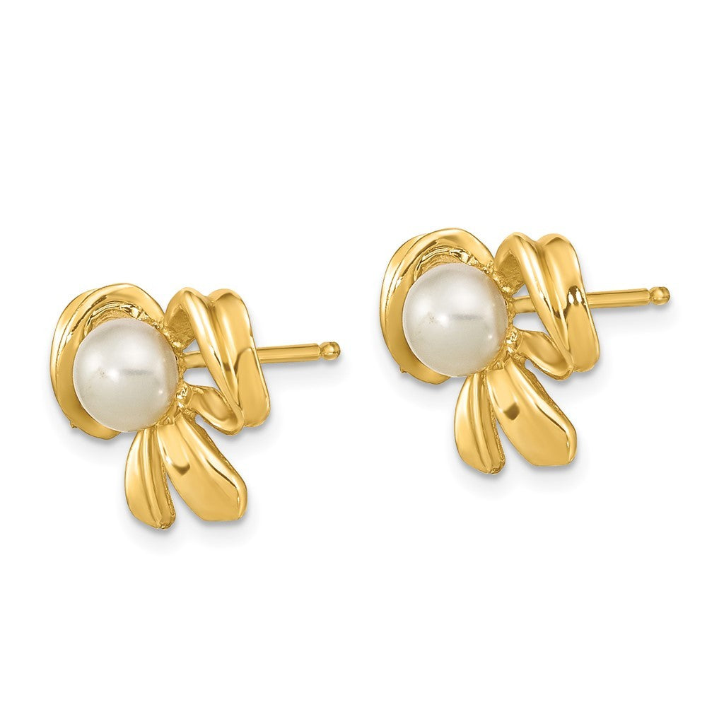 14k Yellow Gold 3-4mm White Button Freshwater Cultured Pearl Bow Earrings