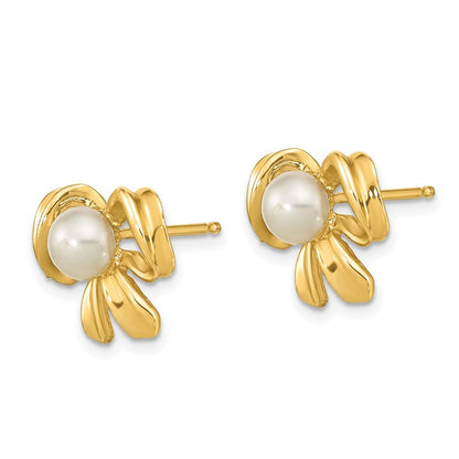 14k Yellow Gold 3-4mm White Button Freshwater Cultured Pearl Bow Earrings