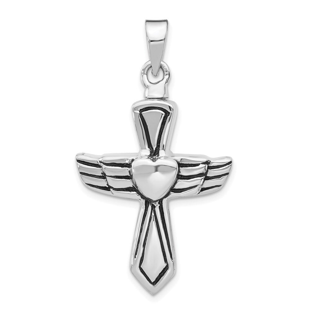 Sterling Silver Rhodium-plated Antiqued Cross Heart Ash HolderPenda
