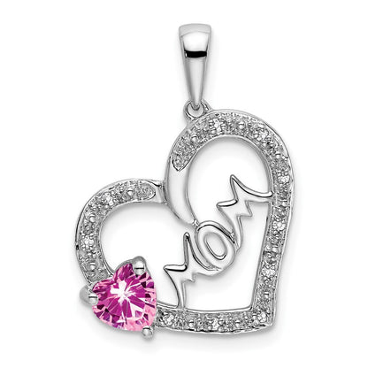 14k White Gold Pink Sapphire and Diamond MOM Heart Pendant for Women